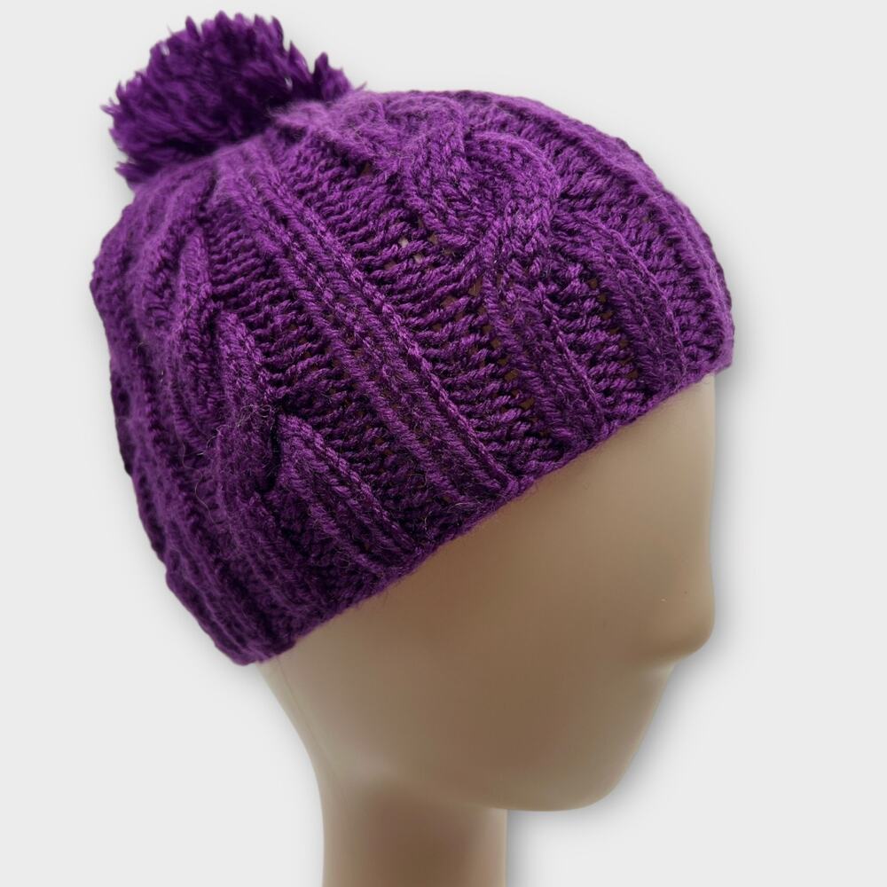 Cable Knit Woven Chunky Purple Beanie Knit Pom Pom Winter Hat Boho Outdoors‎ XS